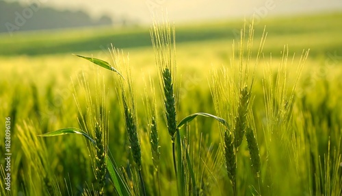Fototapeta Naklejka Na Ścianę i Meble -  Close-up of golden green wheat stalks in a sunlit field, creating a warm, peaceful rural scene