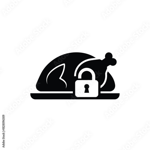 Roasted chicken with padlock icon on platter food meat
