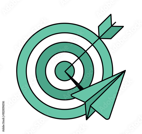 A paper airplane hits the bullseye of a target with an arrow.