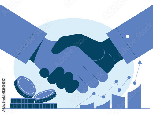 Two hands shake in agreement with coins and a growth chart in the background.