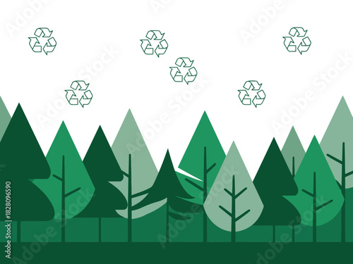 Green trees with recycling symbols in the sky promoting environmental conservation.