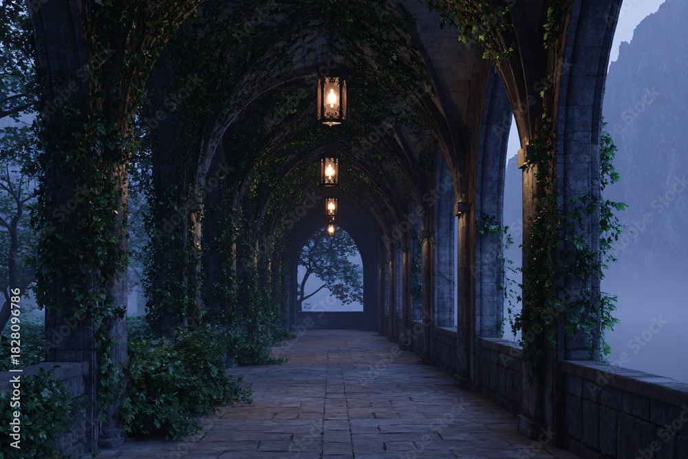 Obraz premium Elegant gothic corridor featuring ivy-covered arches and lanterns