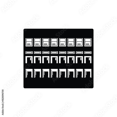 Rows of white rectangles with horizontal lines on black background