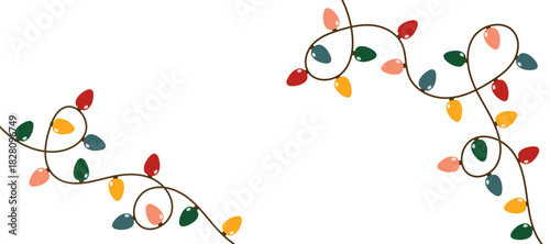 Christmas lights banner. Flat modern cute bulbs on a string. Perfect for New Year letter, invitation, flyer template.