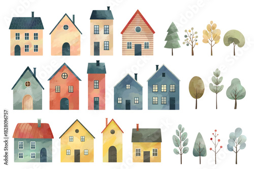 Nordic homes. Set of watercolor scandinavian houses. Cute childish buildings and trees. Cozy village mood.