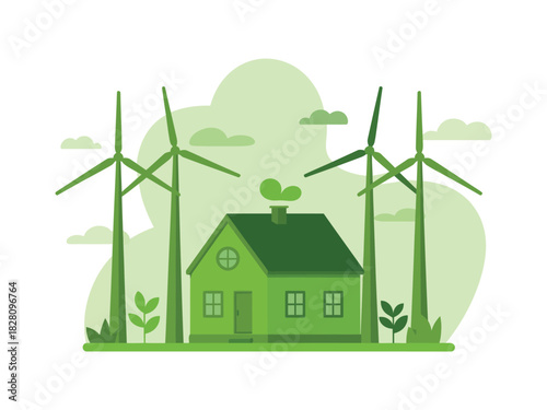 A green house is powered by renewable wind energy from turbines.