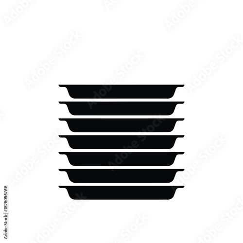 Stack of black rectangular trays on white background