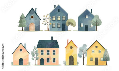 Set of watercolor scandinavian houses with trees. Cute childish buildings in blue yellow. Village. Cozy nordic homes