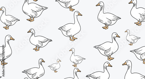 Seamless pattern of hand-drawn white geese in various sizes scattered on a light grey background for a simple farm design.