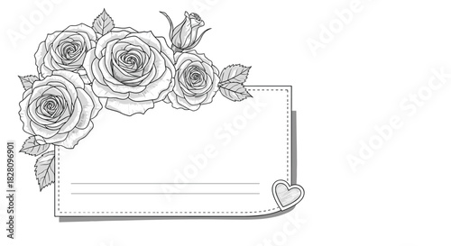 Black and white floral frame with beautifully sketched roses on a blank note card perfect for a wedding or love letter.