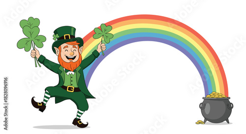 Cheerful cartoon leprechaun dancing with shamrocks under a rainbow leading to a pot of gold for St Patrick's Day celebration.
