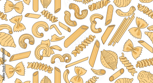 Seamless pattern of assorted types of uncooked Italian pasta in a scattered arrangement perfect for a restaurant background.