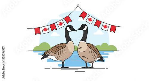 Two Canada geese stand by the water under a banner of Canadian flags celebrating a national holiday like Canada Day.