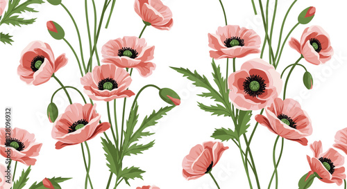 Beautiful seamless floral pattern with pink poppy flowers and green leaves on a clean white background for textile design.
