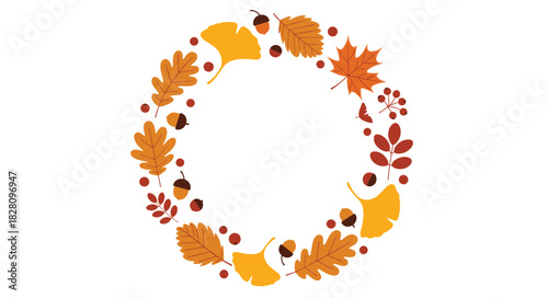 Autumnal wreath made of colorful fall leaves acorns and berries arranged in a circle on a clean white background design.