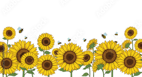 Summer meadow border with bright yellow sunflowers and buzzing bees isolated on a white background for a cheerful design.