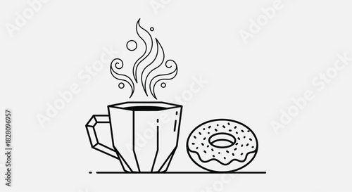 Minimalist line art icon of a steaming geometric coffee cup next to a sprinkled donut for a modern cafe logo design.