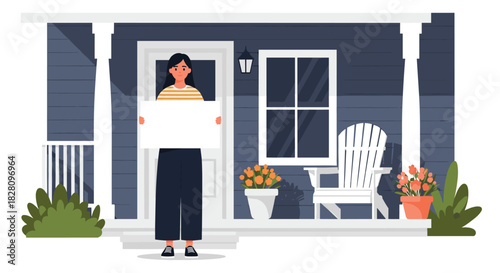 Woman standing on the porch of a suburban house holding a blank white sign with space for your text or message.