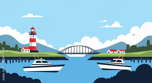 Peaceful coastal landscape with a lighthouse boats on the water and a bridge connecting green hills under a blue sky.