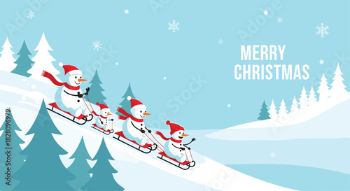 Merry Christmas greeting card with a happy snowman family sledding down a snowy hill in a winter forest landscape.