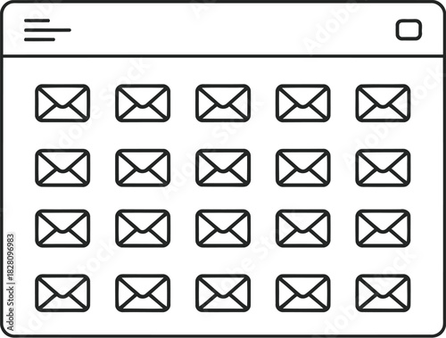 A browser window displays a grid of email icons, representing communication.