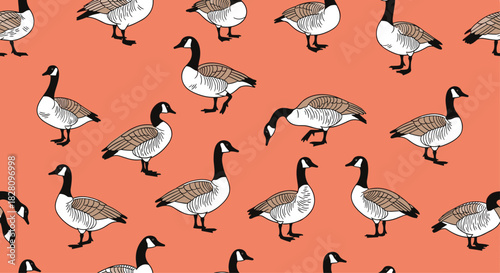 Seamless pattern of hand-drawn Canada geese in various poses on a solid coral background for a fun wildlife-themed textile.