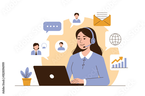 A smiling customer service representative wearing a headset works diligently on a laptop surrounded by communication icons and business graphics.