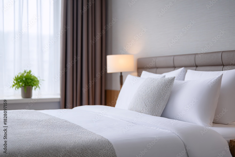 Fototapeta premium Serene hotel suite with cozy bed and soft lighting for relaxation