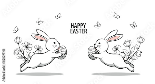 Happy Easter greeting card design with two cute white bunnies jumping with decorated eggs flowers and butterflies on white.