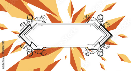 An elegant Art Deco-style frame with intricate scrollwork is set against a dynamic abstract background of orange geometric shapes.