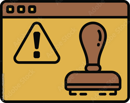 An alert symbol and a rubber stamp appear on a computer screen.