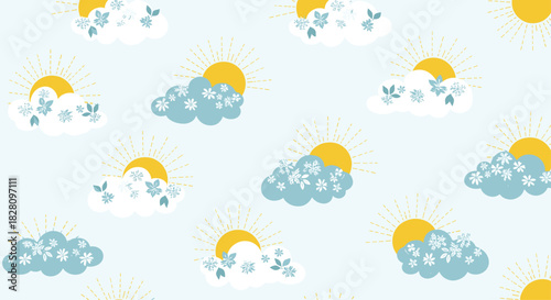 Cute seamless weather pattern with suns and floral clouds on a light blue background for a whimsical nursery design.