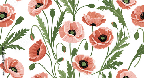 A beautiful seamless floral pattern of delicate pink and red poppy flowers with green leaves and stems on a clean white background.