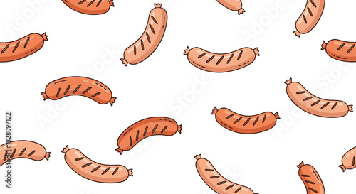 A simple and cute seamless pattern of cartoon grilled sausages randomly scattered on a plain white background for food-themed designs.