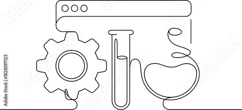 Abstract scientific research and development concept with gear, test tube, and flask.