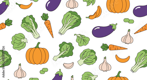 A colorful and healthy seamless pattern of various cartoon vegetables like pumpkins carrots and eggplants on a white background.