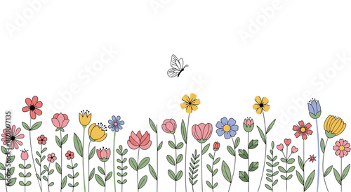 A charming horizontal border of colorful hand-drawn wildflowers with a small butterfly flying above on a clean white background.