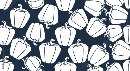 A bold and modern seamless pattern featuring simple white bell pepper outlines scattered on a dark navy blue background design.
