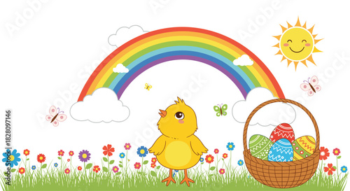 A cheerful Easter scene featuring a cute yellow chick a basket of decorated eggs a smiling sun and a colorful rainbow in a field.