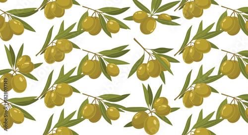A fresh and healthy seamless pattern of green olive branches with leaves scattered across a clean white background for design.
