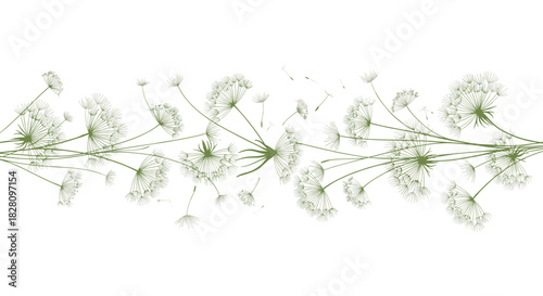 An elegant and delicate horizontal border made of green dandelion silhouettes with seeds blowing in the wind on a white background.