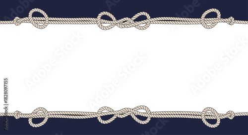 A nautical-themed frame with top and bottom borders made of realistic sailing ropes with various knots on a navy blue background.