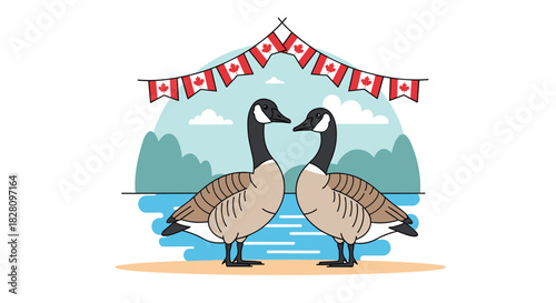 A lovely illustration of two Canada geese standing by a lake with a banner of Canadian flags celebrating Canada Day outdoors.