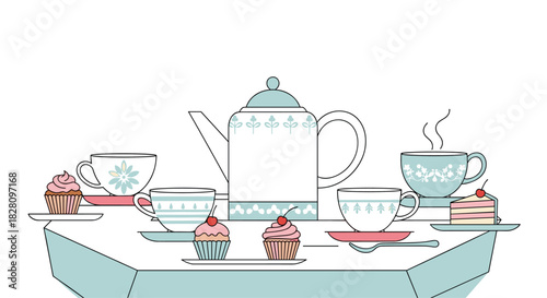 A delicate and charming tea party scene with a teapot cups and cupcakes arranged on a table in a clean line art style.