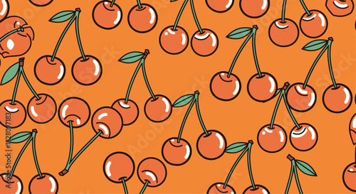 A bright and cheerful seamless pattern of cute cartoon red cherries with green stems scattered over a vibrant orange background.