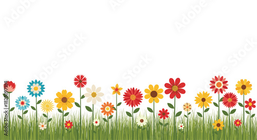 A cheerful and colorful border of various stylized flowers growing in lush green grass at the bottom of the page.