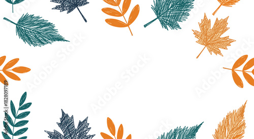 Hand-drawn autumn leaves with a scribble texture create a charming seasonal border on a clean white background for text.