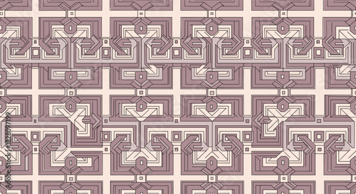 Intricate art deco geometric pattern in muted mauve and taupe tones creates an elegant and seamless repeating background design.