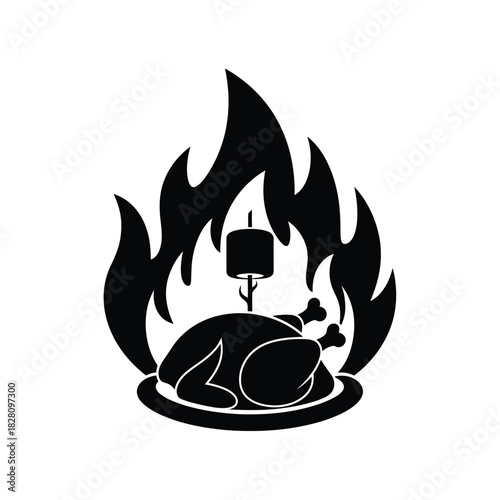 Whole chicken cooking on a spit over flames fire