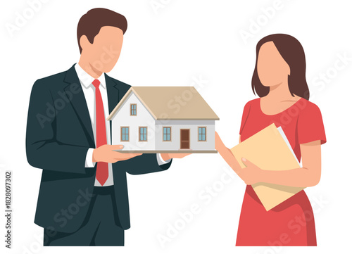 A real estate agent hands a client a model of a house, symbolizing a property transaction.